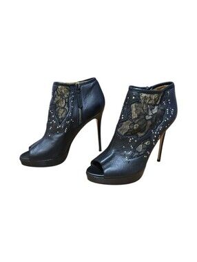 Valentino Garavani Black Leather Crystal Lace Peep Toe Heeled Booties IT 39 US 9